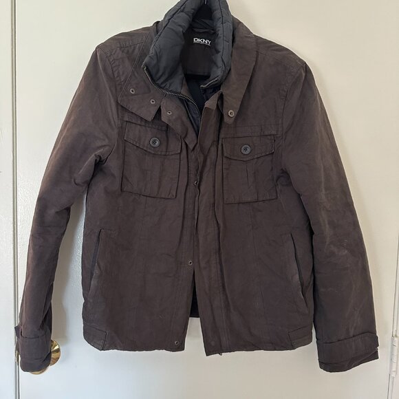 DKNY Black Brown Men's Jacket with hidden hood - Size M - Picture 1 of 9